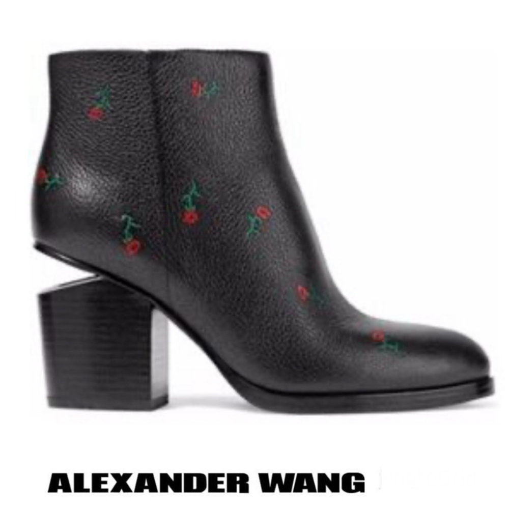 ALEXANDER WANG Gabi Black Leather Roses Silver Cutout Pointed Ankle Boots Sz 38